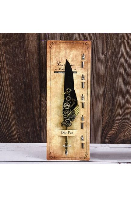 Kaligrafi tüy divit kalem seti, yazı kalem seti, retro dekoratif kalem metal, 1 kalem 6 uç-Siyah