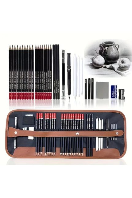Kara kalem çizim seti, eskiz kalem seti, dereceli kalem set, hediye-Rulo kalemlikli-33parça