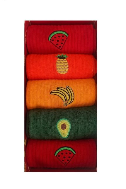 Meyve Işlemeli Çoraplar, Sevimli Çoraplar, Nakışlı Çoraplar, Unisex Çoraplar 5 Çift No:4