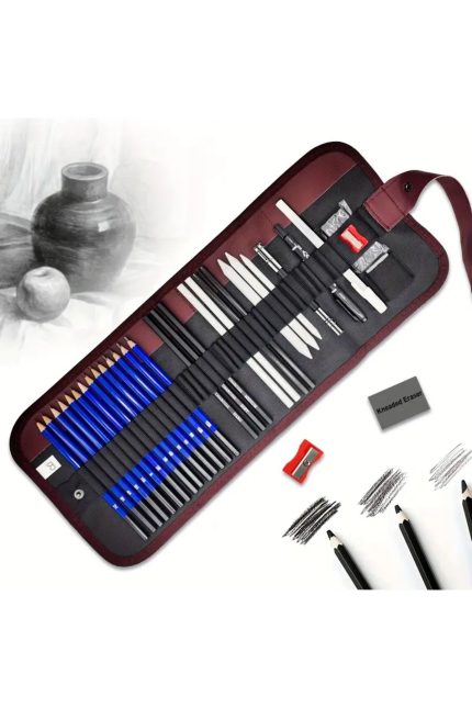 Kara kalem çizim seti, eskiz kalem seti, dereceli kalem set, tonlama-Rulo kalemlikli-33parça
