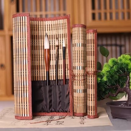 Hasır rulo fırça kalemlik, fırça organizer, bambu kalemlik, fırça düzenleyici, fırça tutucu, 30x26cm