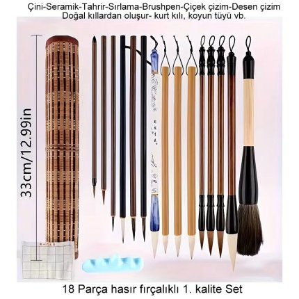 Çini tahrir, seramik boyama, çini boyama, vazo, sırlama, resim, hasır fırçalık, brush yazı-18'li Set